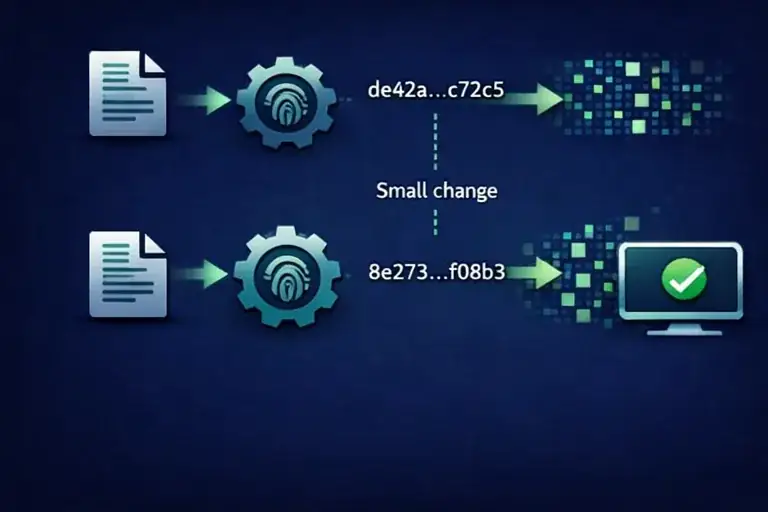 Diagram showing that even a small document change creates a different hash.